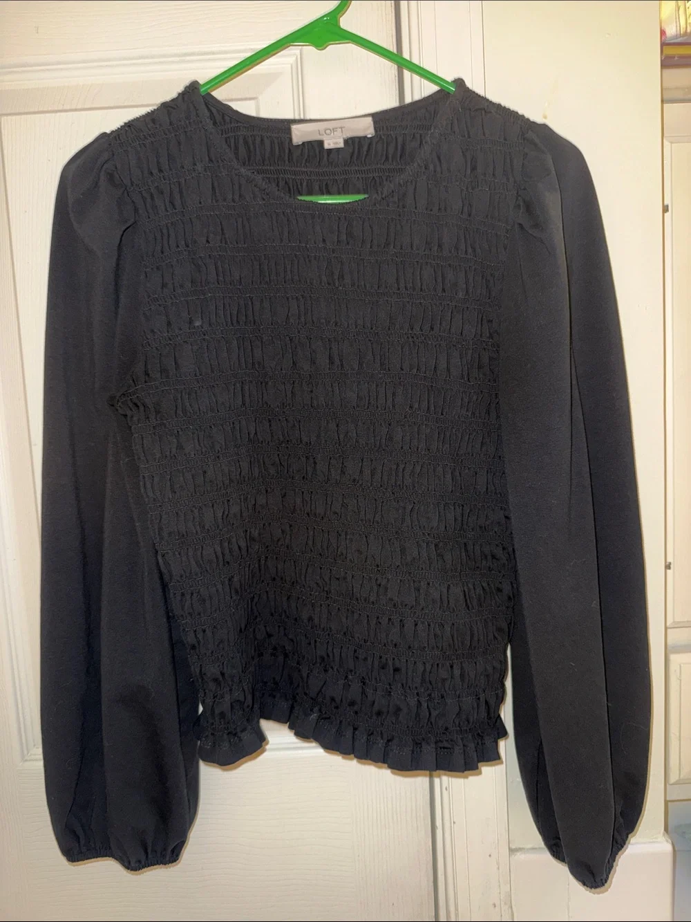 LOFT Black Smocked Long-Sleeve Blouse with Puff Sleeves